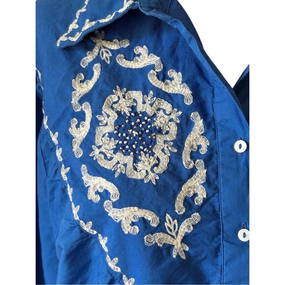 Zara Embroidered Top Blouse Button Front size M Boho Blue Collared - Picture 8 of 10